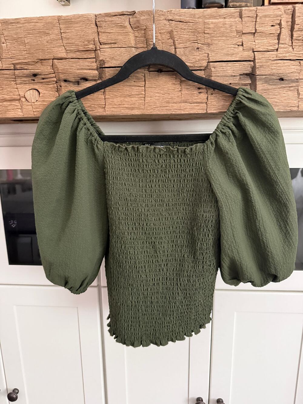 INC International Concepts Olive Green Smocked Puff Sleeve Boho Top S